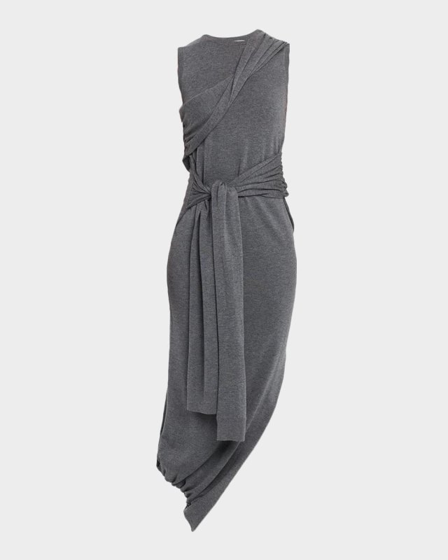 Tie-Sleeve Asymmetric Knit Midi Dress